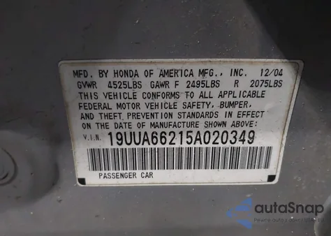 2005 Acura Tl из США, поврежденный, VIN 19UUA66215A020349